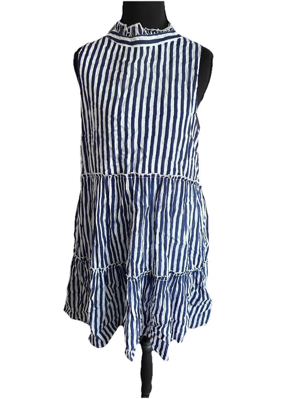 Oliphant Blue And White Striped Ruffle Tiered Cotton Silk Dress Medium